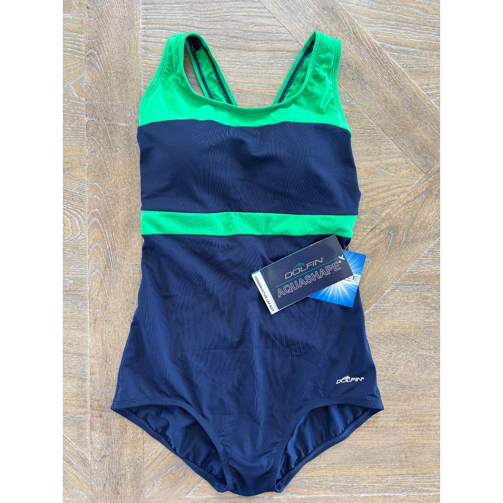 Dolfin Aquashape Womens Color Block Conservative Lap Swimsuit‎ Navy Green Size 8